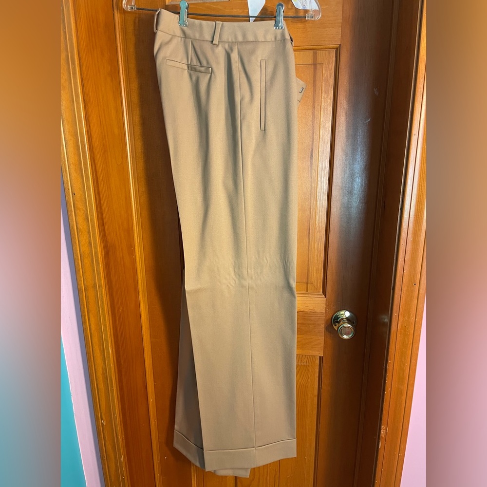 Tan wide leg dress pants.